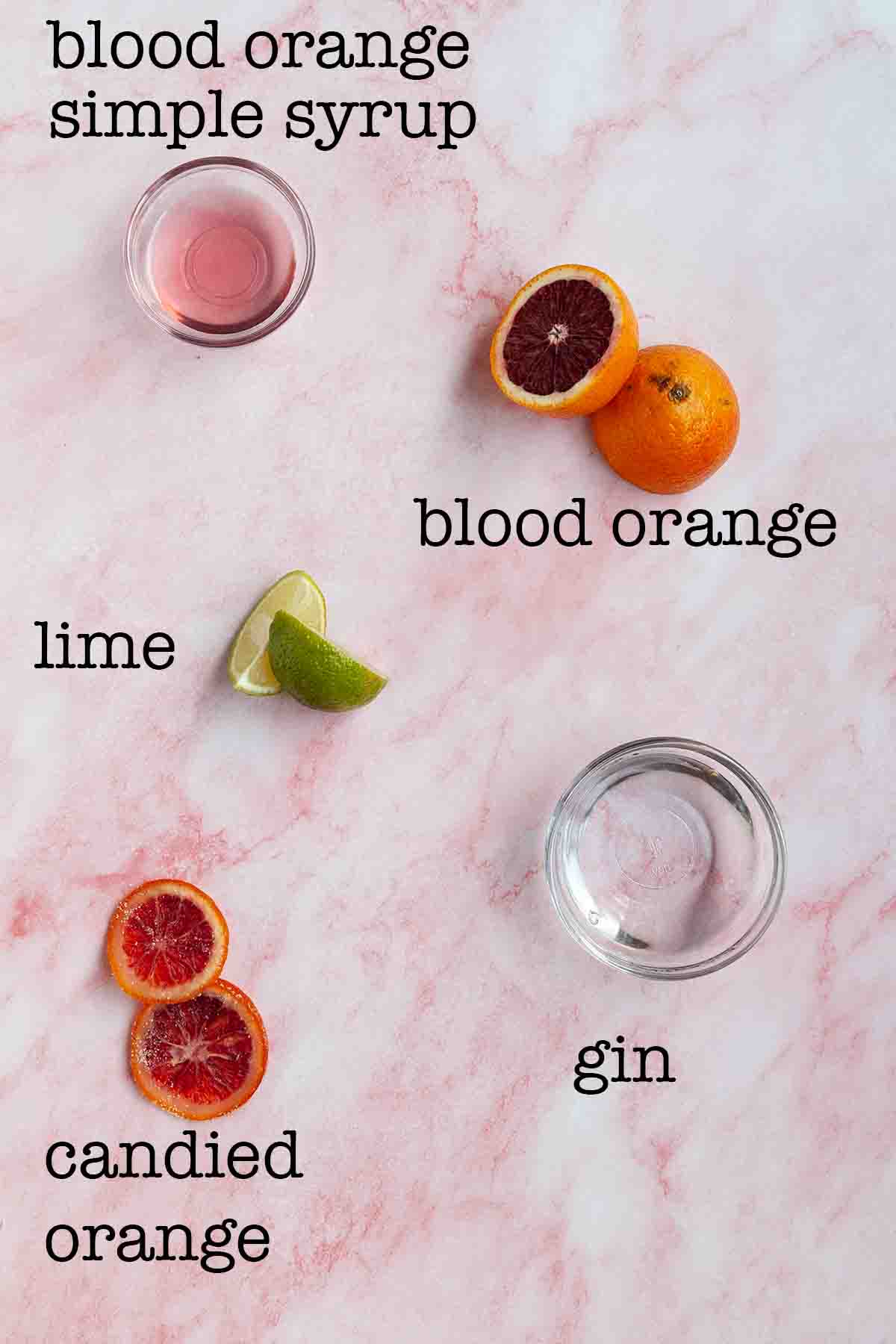 Ingredients for blood orange gimlet--simple syrup, orange, lime, candied orange, and gin.
