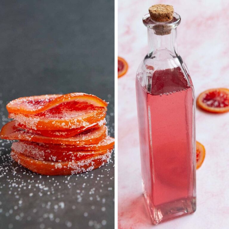A stack of candied blood orange slices and a bottle of pink syrup.