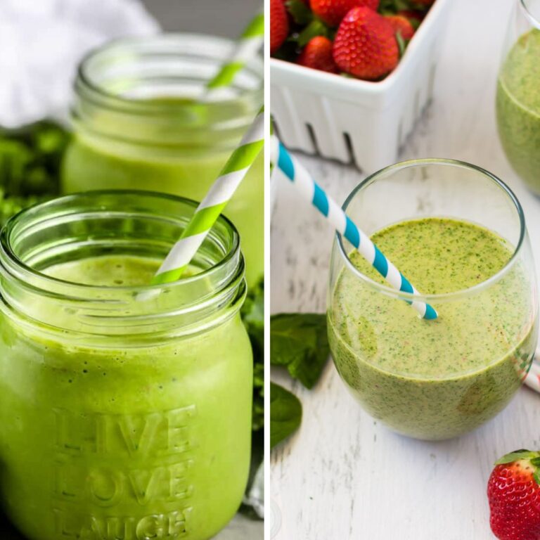 Glasses filled with green smoothie.