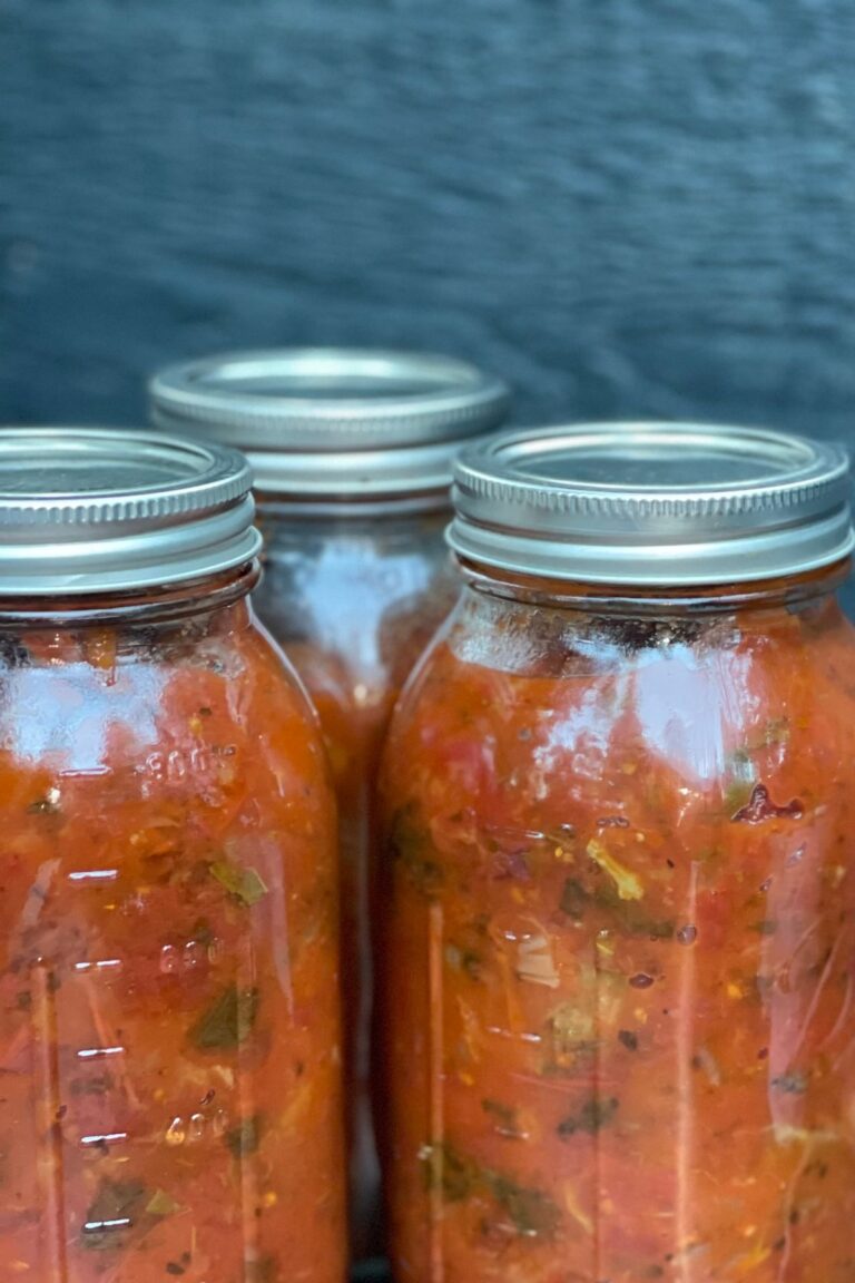 Three jars of fresh homemade salsa in rustic setting, perfect for food enthusiasts.