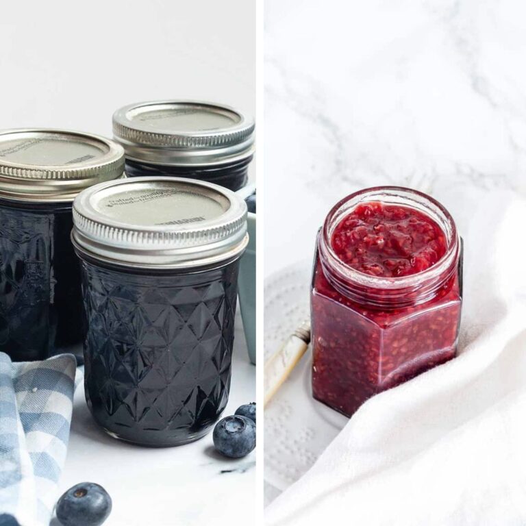 Three sealed jars of blueberry jam and an open jar of raspberry jam.