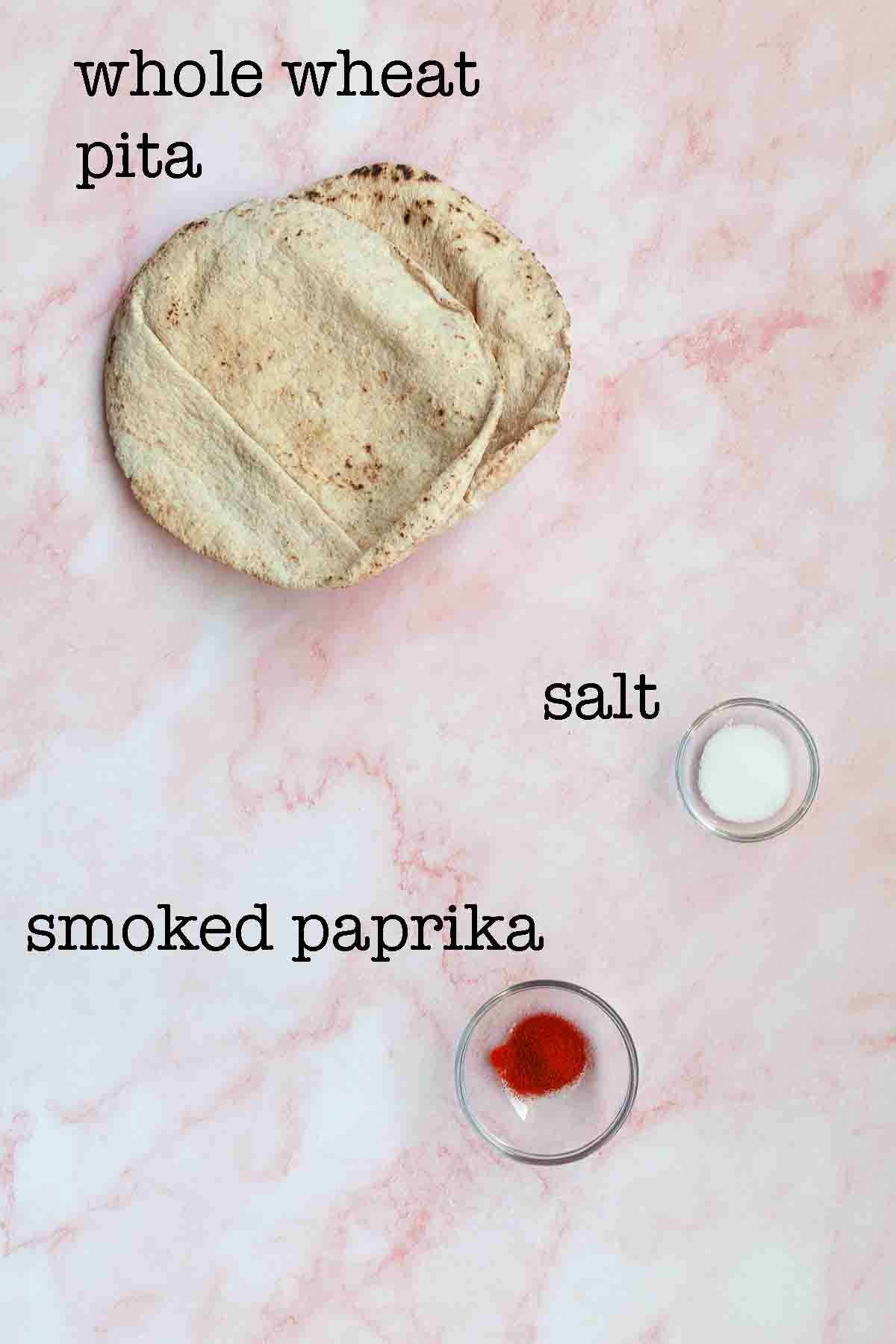Ingredients for homemade pita chips--pita, salt, and smoked paprika.