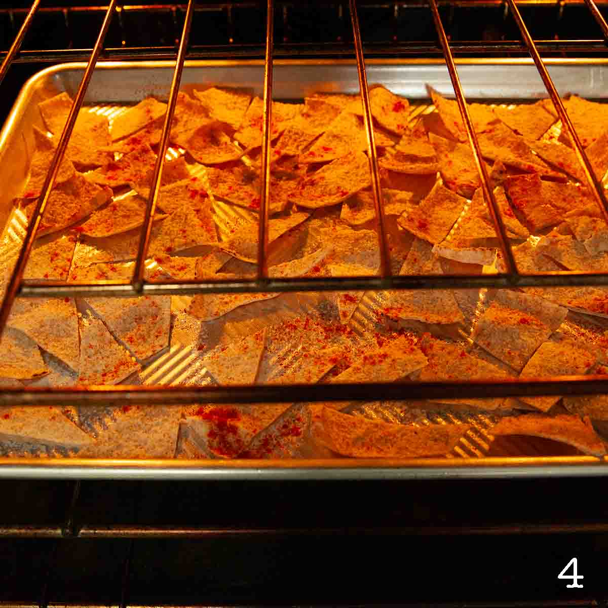 Pita chips baking in the oven.