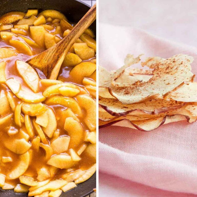 A skillet filled with cooked apples and a stack of apple chips.