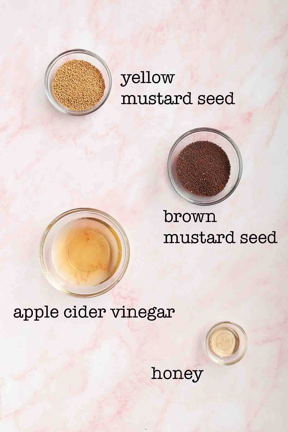 Ingredients for whole grain mustard--yellow and brown mustard seeds, apple cider vinegar, and honey.