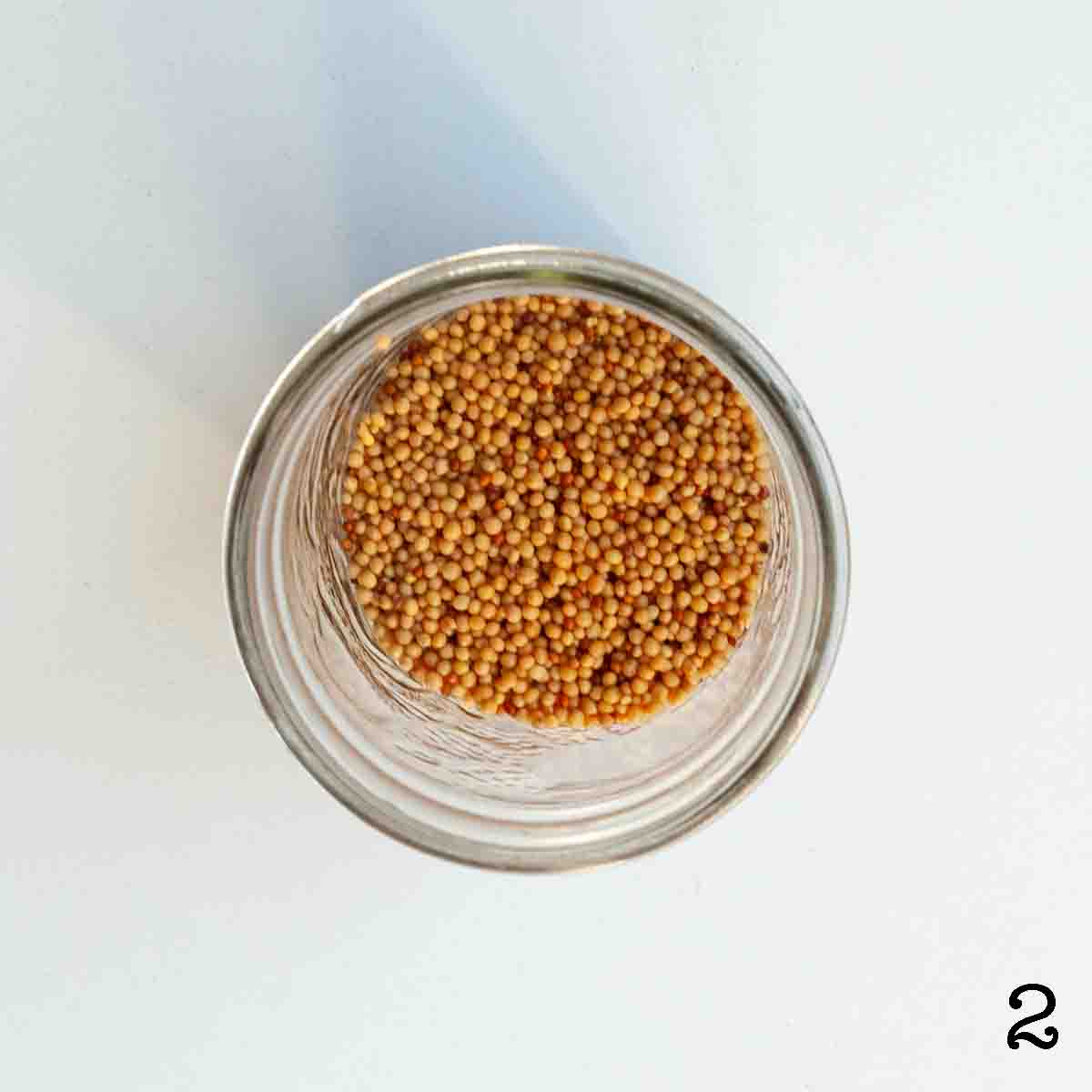A jar of soaked mustard seeds.